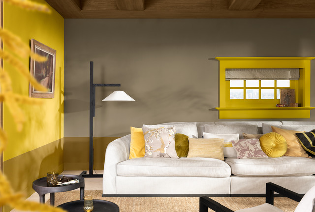 Grey and yellow living room using Dulux Colour of the Year 2025, True Joy