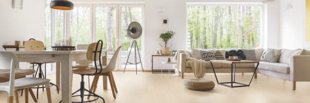 open plan living area with sofa and dining table with mixed chairs