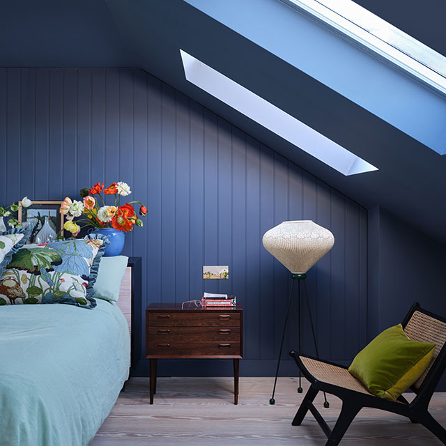 blue colour drench bedroom painted in Farrow & Ball