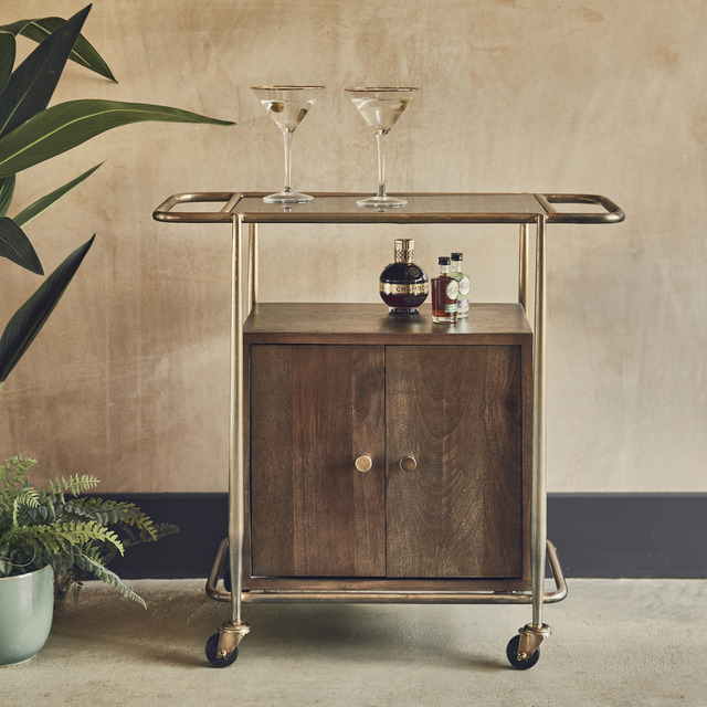 Wooden drinks trolley with bar cabinet underneath