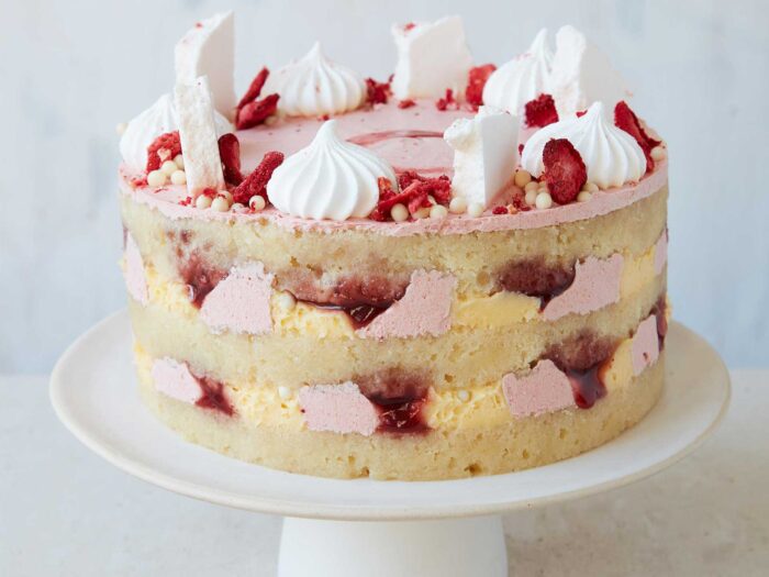 The strawberry-eat-on-mess-cake is a treat for a summer dessert tea party