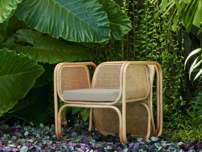 A bold rattan chair with organic curves and latticework