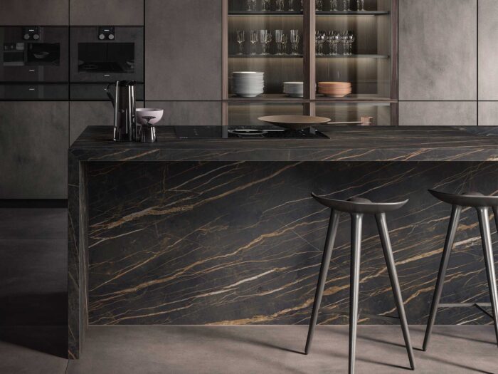 Dark kitchen worktops are sleek and minimalist