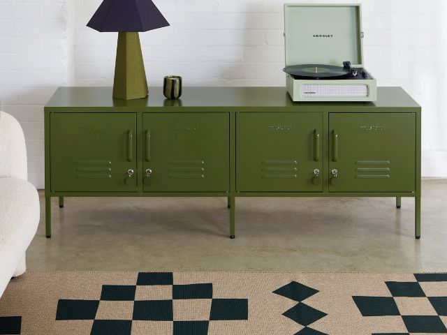 Retro living room,olive cabinet infront of white wall