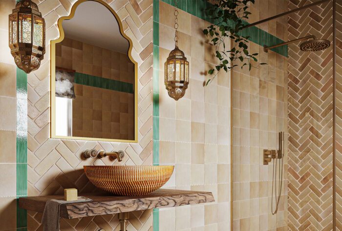 Brown toned tiles add warmth to bathrooms