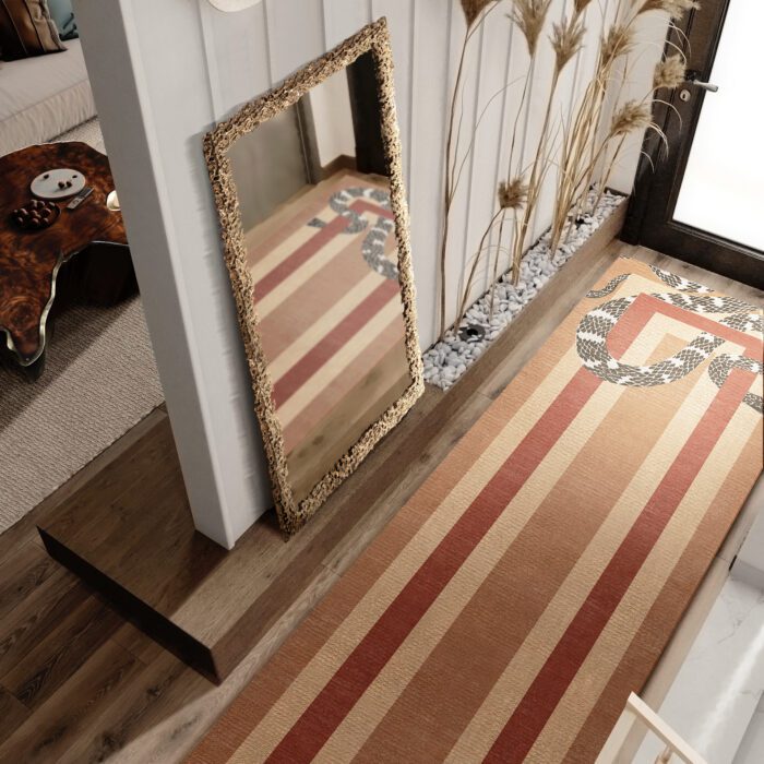 Hallway with a carpet runner featuring picture of a snake