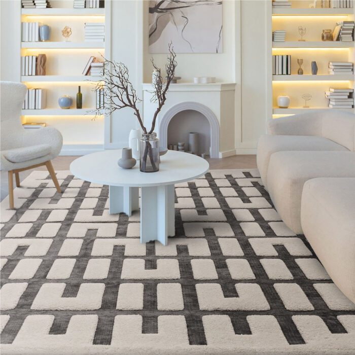 A living room with a cream patterned rug