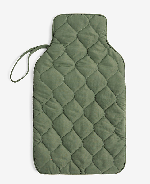 Khaki green quilted hot water bottle reversible on white background