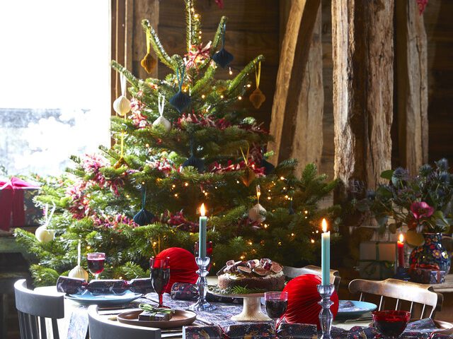 Christmas tree and sustainable tablescape with foliage