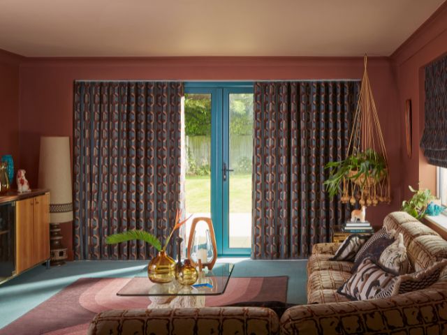 Retro bedroom with patterned curtains